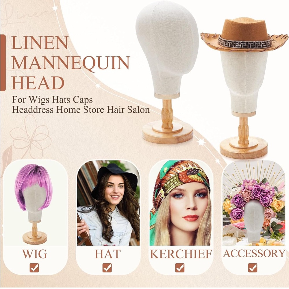 Linen Mannequin Head Stand - Wig, Hat, Kerchief, Accessories Stand